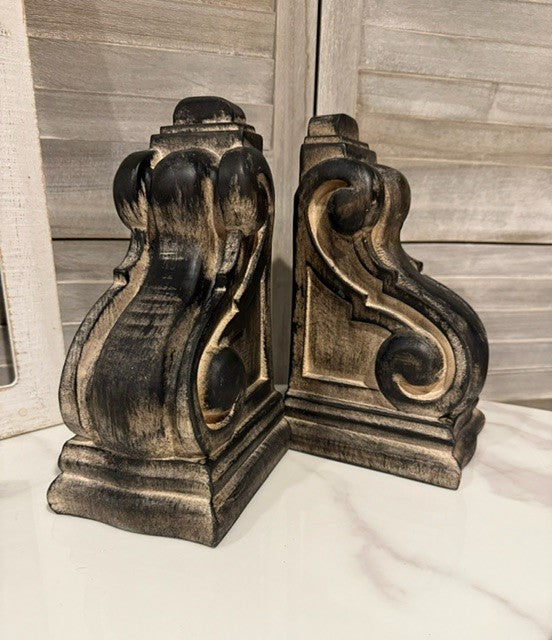 Distressed Wood Corbel Bookends | Vintage Architectural Decor Pair