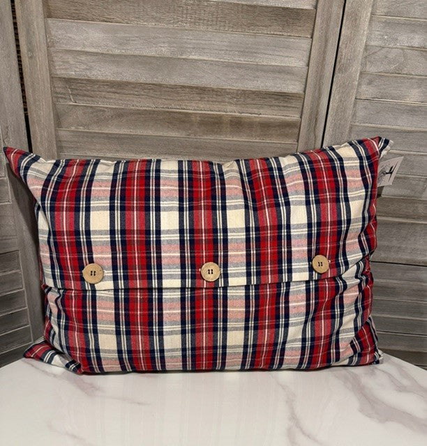 Red, White & Navy Plaid Pillow – Rustic Button Accent Cushion