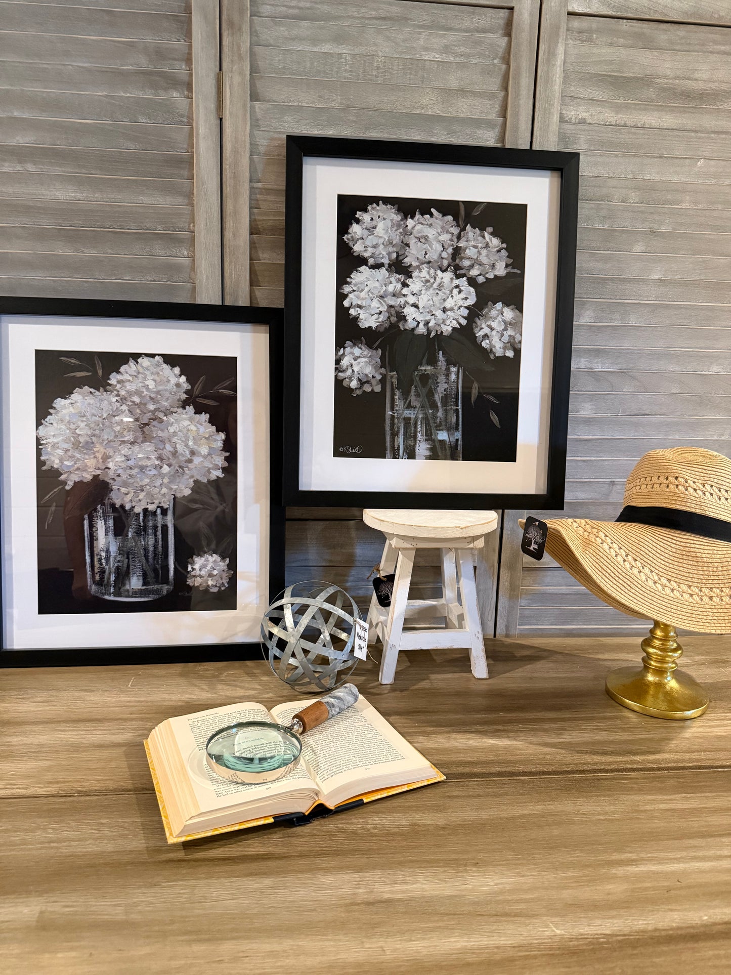 Framed White Floral Wall Art – Hydrangea Bouquet in Glass Vase Print