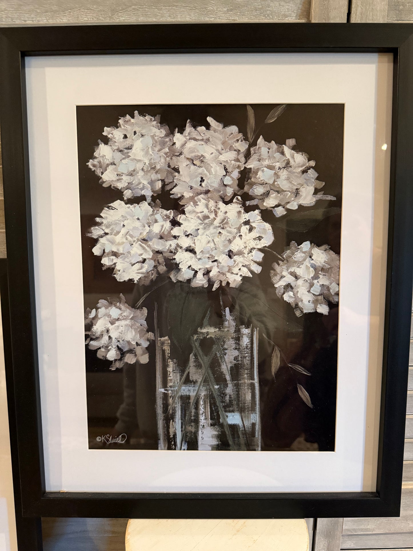 Framed White Floral Wall Art – Hydrangea Bouquet in Glass Vase Print