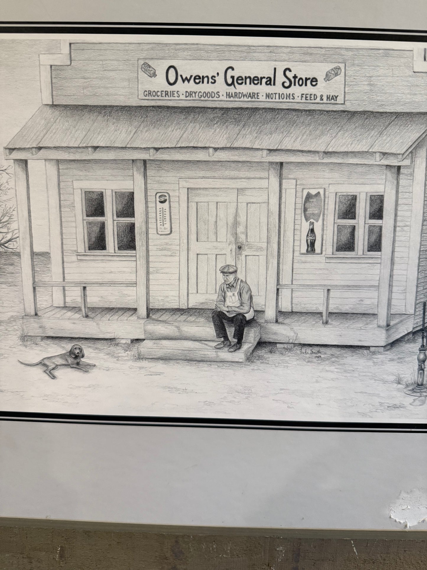 Framed Sketch Art – Vintage General Store Pencil Drawing in Rustic Frame