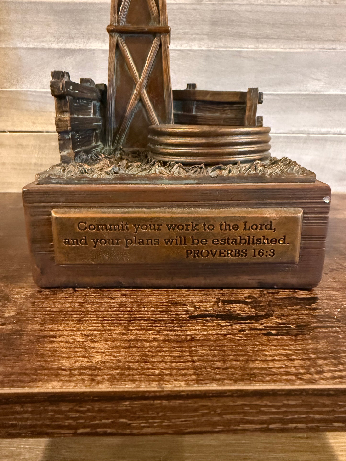 Bronze Oil Rig Figurine with Scripture – Desk Decor with Proverbs 16:3