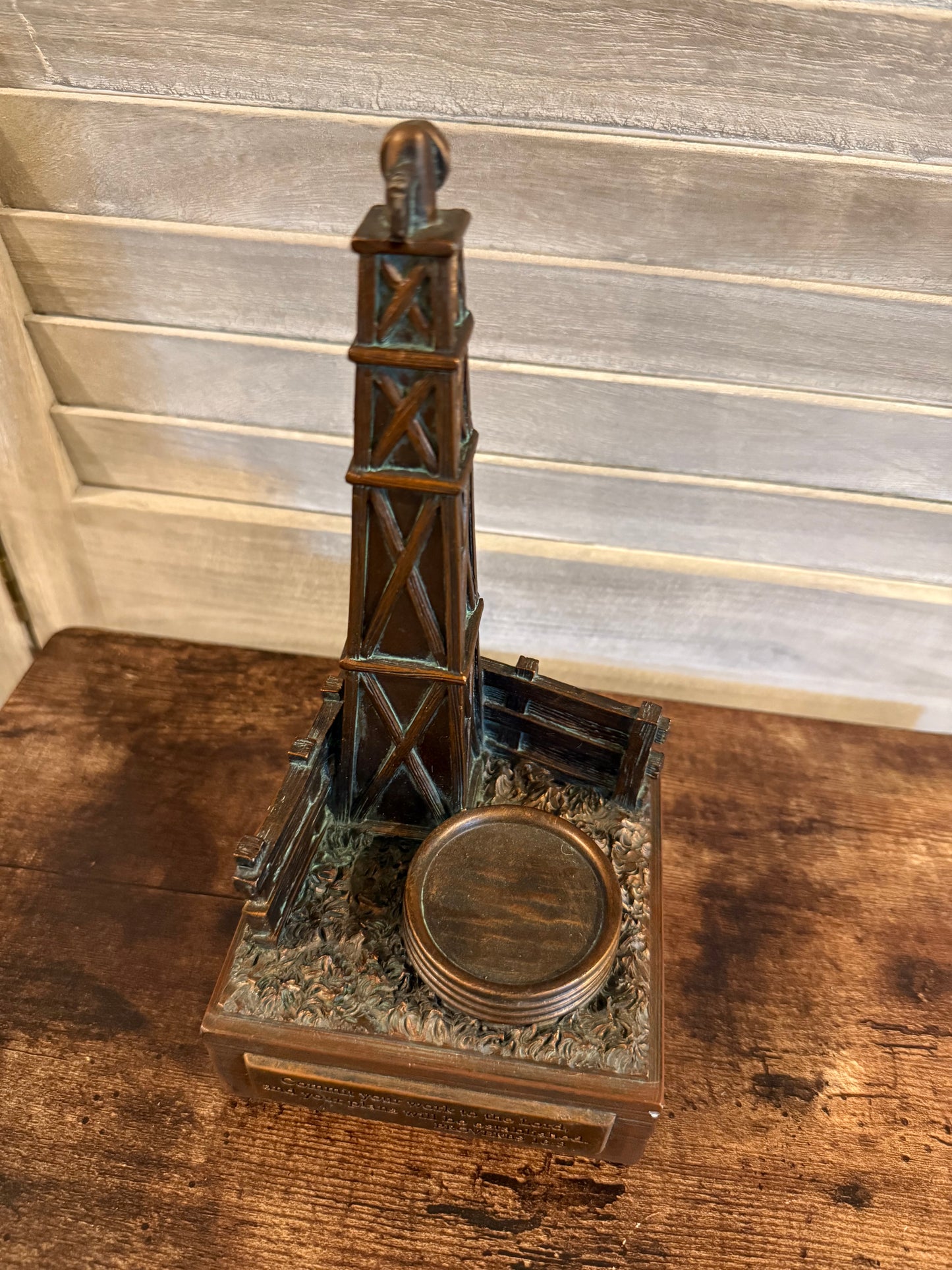 Bronze Oil Rig Figurine with Scripture – Desk Decor with Proverbs 16:3