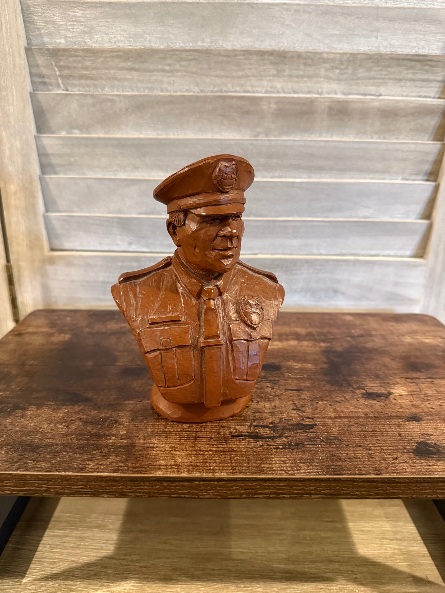 Vintage Police Officer Bust – Hand-Carved Wood Law Enforcement Sculpture