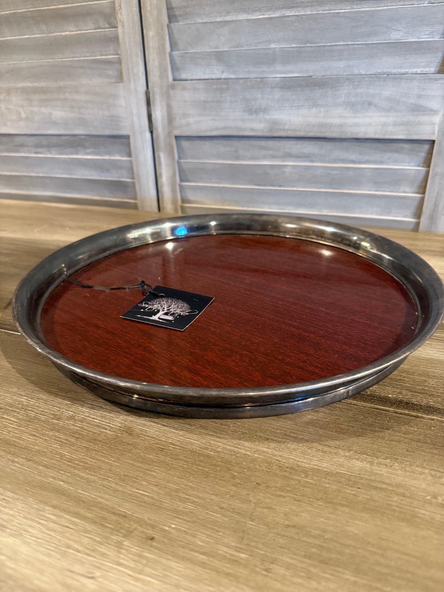 Vintage Round Wood and Metal Tray – Rustic Serving or Display Tray with Silver Rim