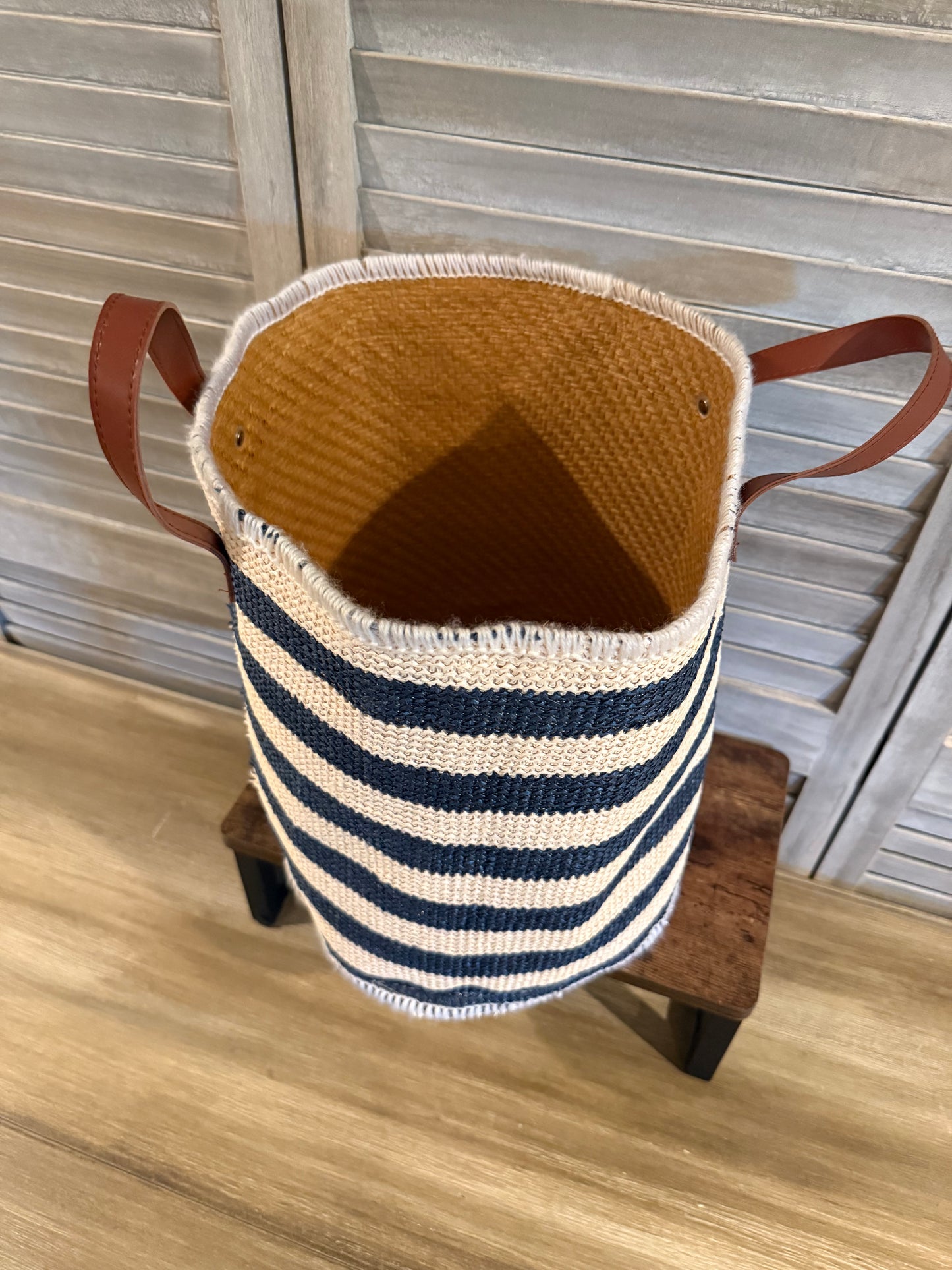 Navy and White Striped Woven Basket with Leather Handles – Coastal Farmhouse Storage Bin