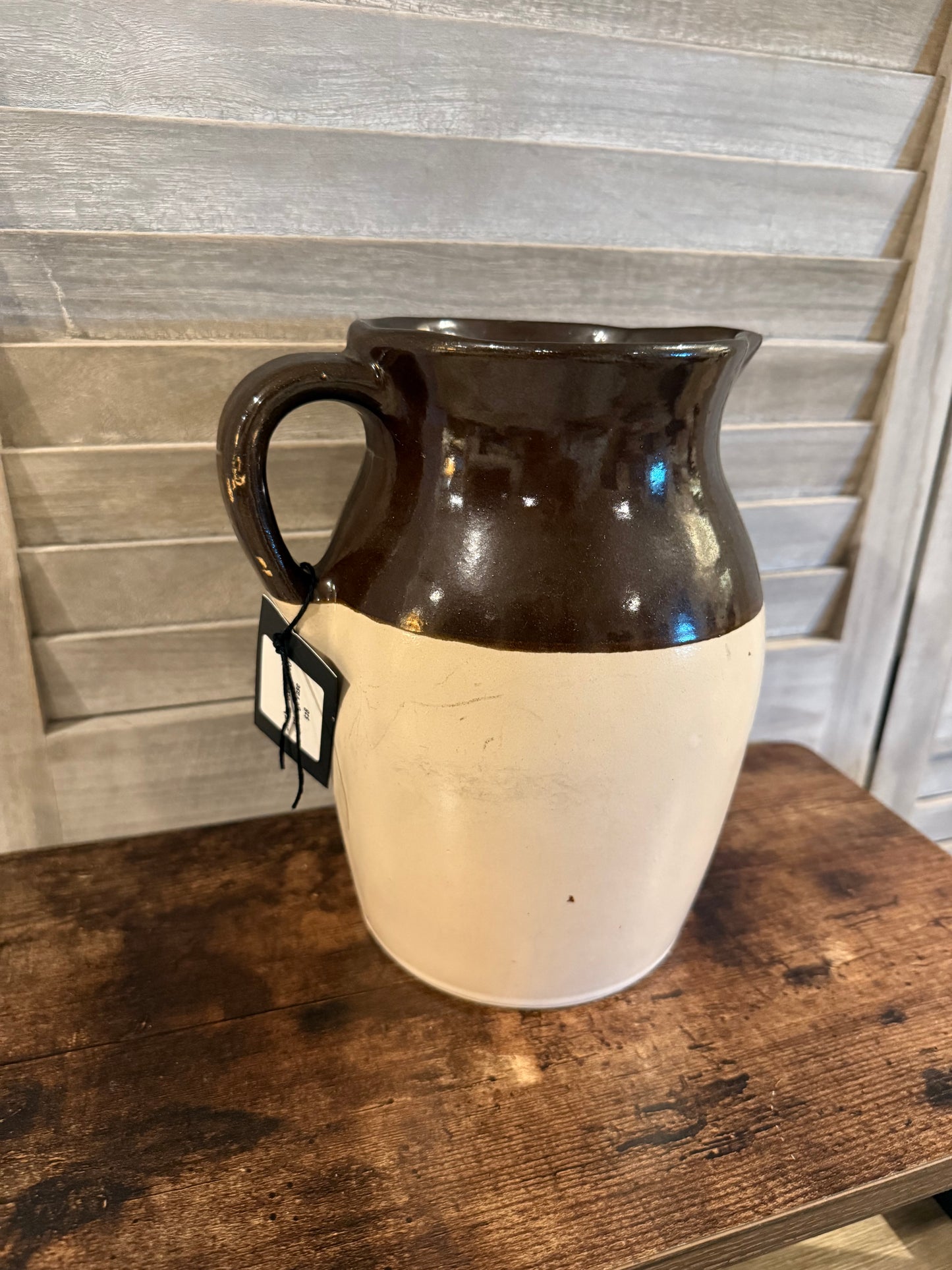 Vintage Stoneware Pitcher – Two-Tone Brown and Cream Farmhouse Jug
