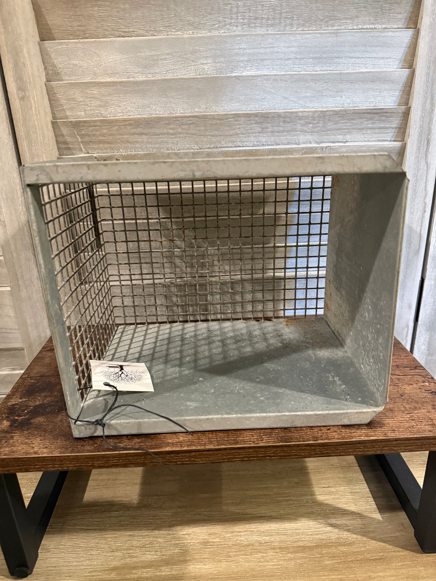 Industrial Metal Storage Bin with Wire Mesh Side – Rustic Wall Shelf or Organizer
