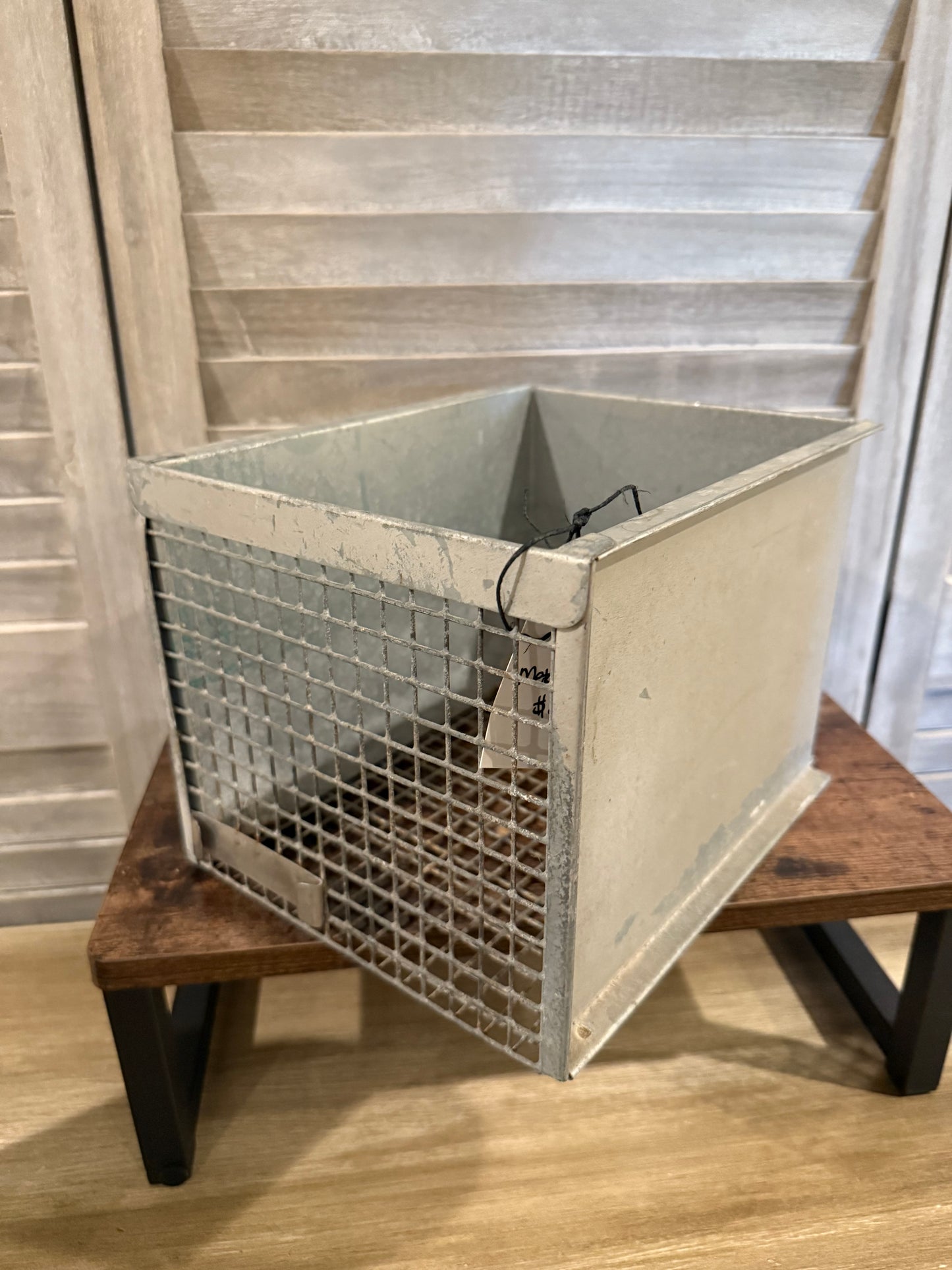 Industrial Metal Storage Bin with Wire Mesh Side – Rustic Wall Shelf or Organizer