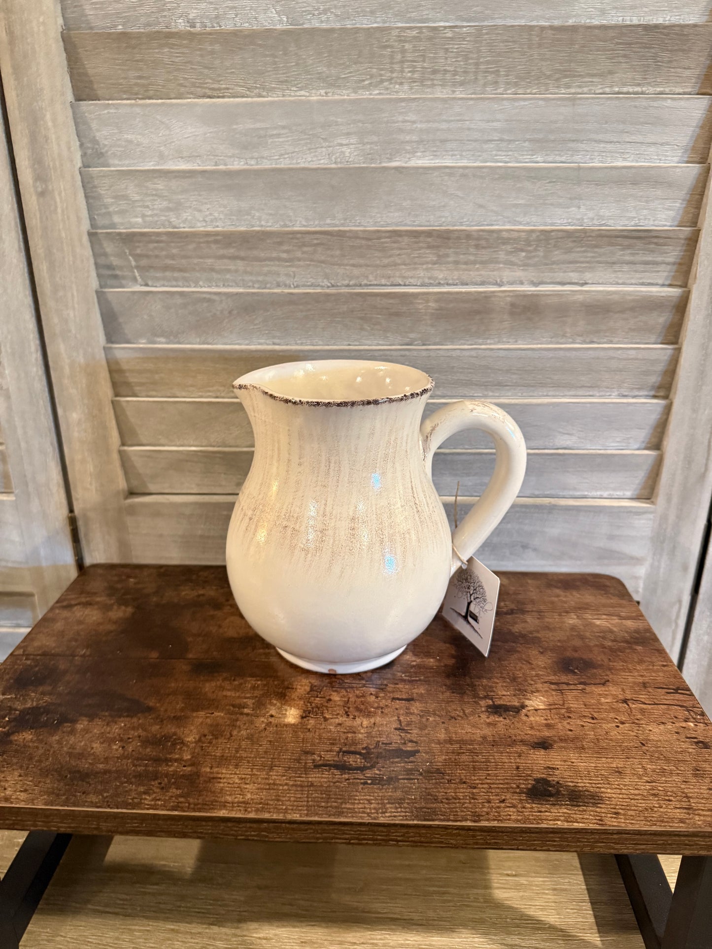 Rustic Cream Stoneware Pitcher – Vintage-Style Ceramic Jug for Floral Arrangements or Décor