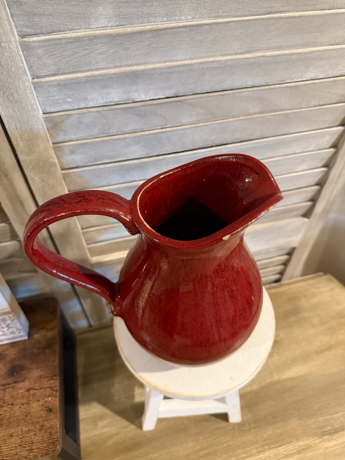 Deep Red Ceramic Pitcher – Vintage Farmhouse Vase or Kitchen Decor