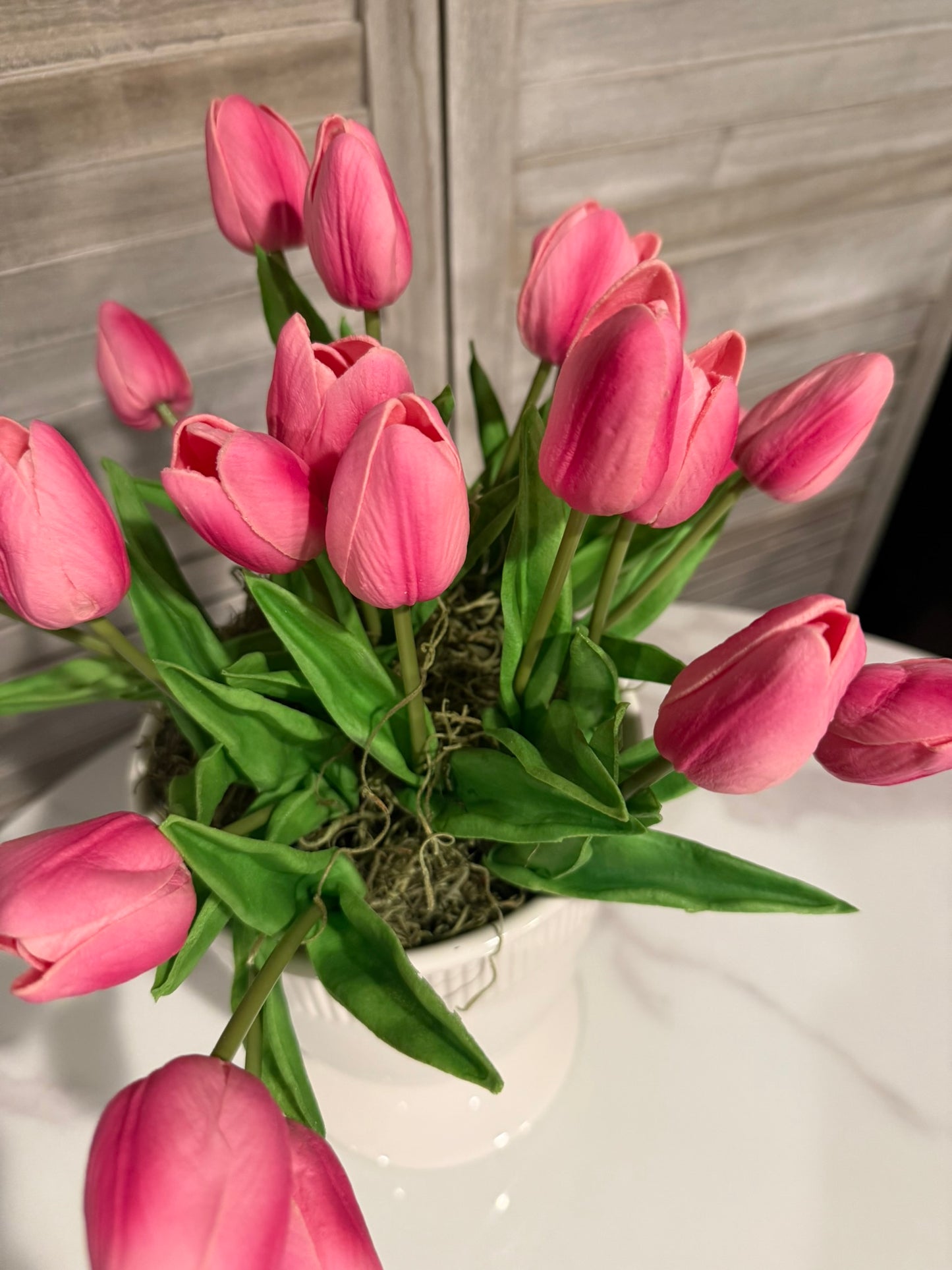 Pink Tulip Arrangement in White Pedestal Vase – Faux Floral Centerpiece