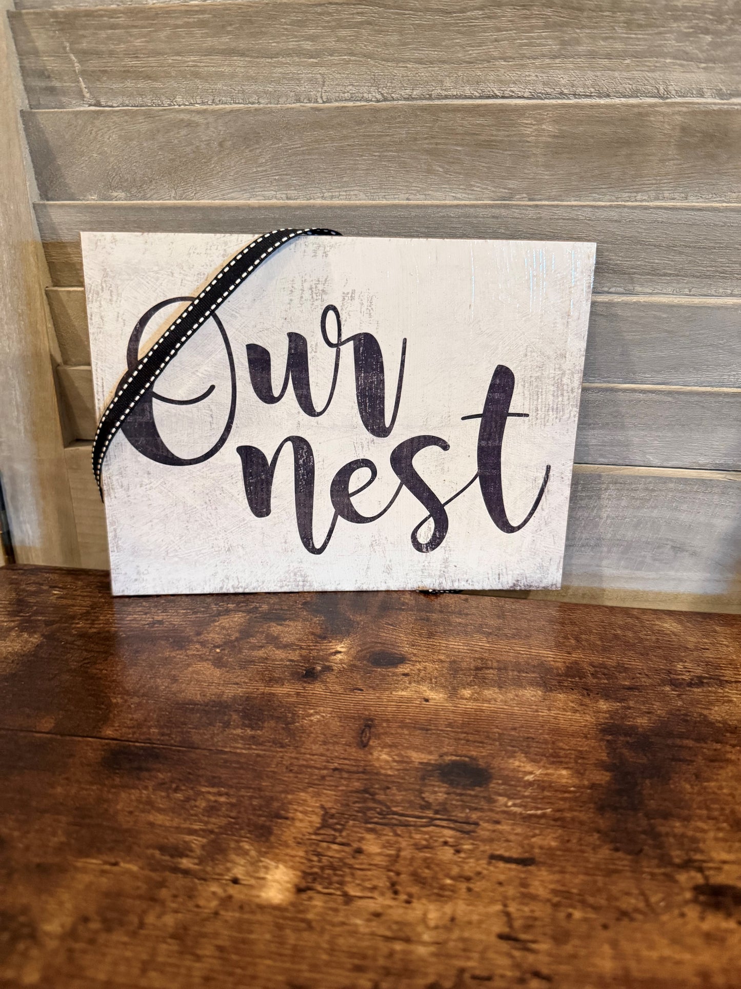 Rustic "Our Nest" Hanging Sign – Farmhouse Wall Decor with Ribbon