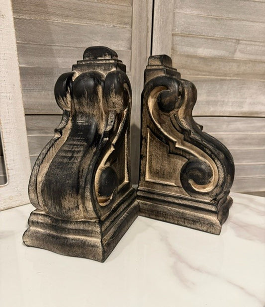 Distressed Wood Corbel Bookends | Vintage Architectural Decor Pair