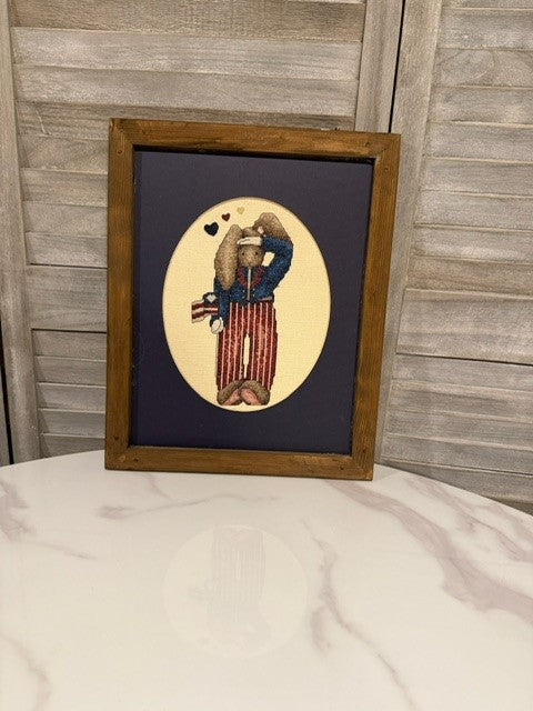 Framed Patriotic Bunny Cross-Stitch – Americana Folk Art in Rustic Wood Frame