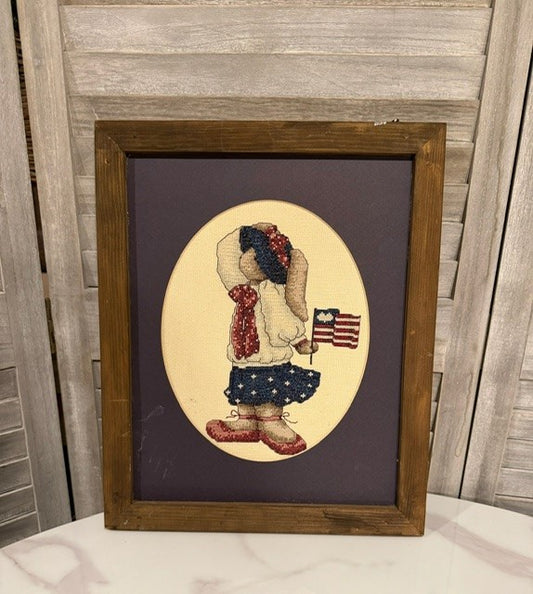 Framed Patriotic Girl Bunny Cross-Stitch – Americana Folk Art with Rustic Frame