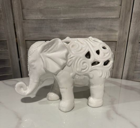 White Ceramic Elephant Figurine – Carved Decorative Accent