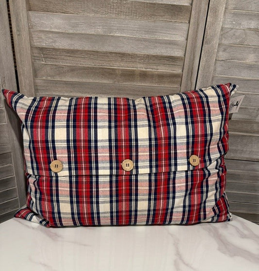 Red, White & Navy Plaid Pillow – Rustic Button Accent Cushion