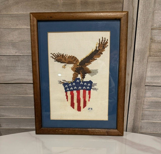 Vintage Framed Eagle Needlepoint – Patriotic Americana Wall Art