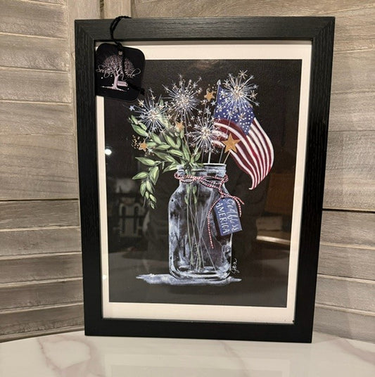 Patriotic Mason Jar Wall Art – Fireworks & American Flag Framed Print