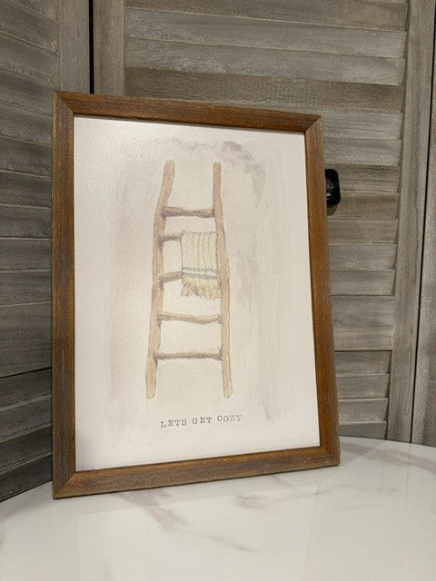 “Let’s Get Cozy” Framed Wall Art – Rustic Blanket Ladder Print in Wood Frame