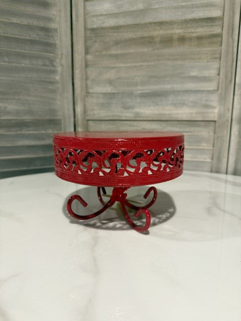 Red Metal Pedestal Stand – Vintage-Inspired Cake or Display Riser with Scroll Base