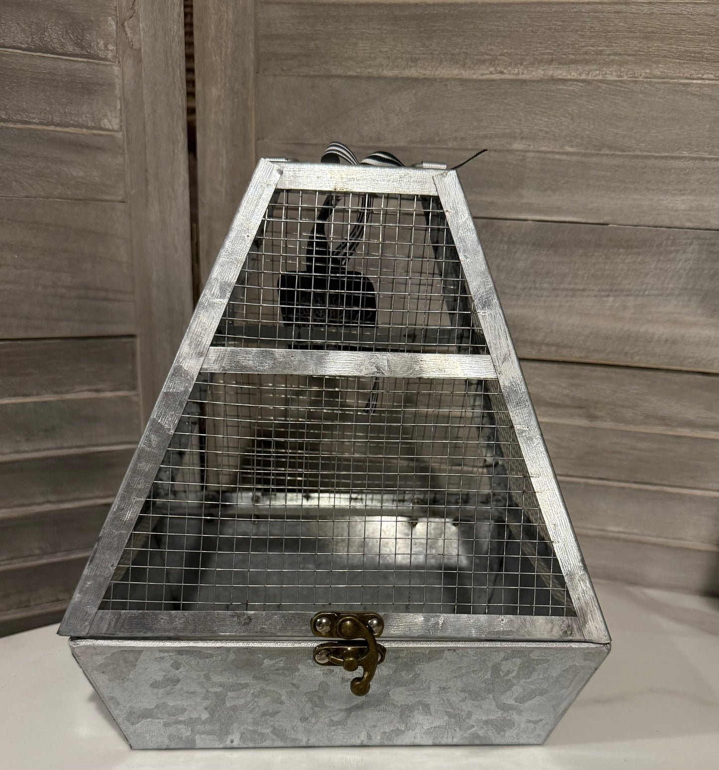 Galvanized Metal Pyramid Cage Lantern – Rustic Farmhouse Display Box with Latch