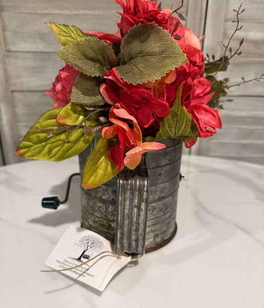 Vintage Metal Flour Sifter with Faux Red Floral Arrangement –