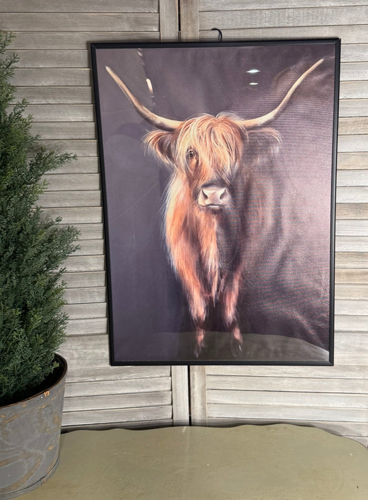 Highland Cow Portrait Wall Art – Longhorn Canvas Print in Black Frame