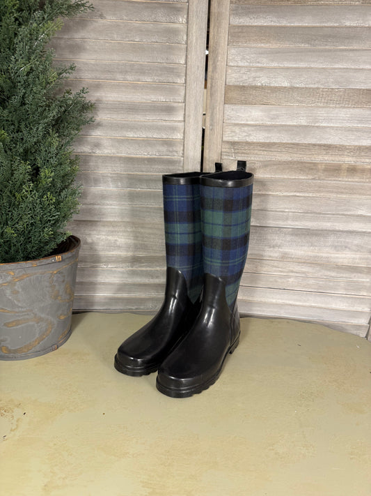 Black and Navy Plaid Tall Rain Boots – Waterproof Rubber Boots with Classic Tartan Detail