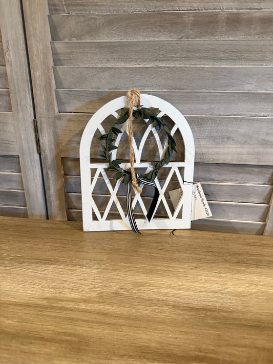 Farmhouse White Cathedral Window Wall Decor with Wreath and Ribbon