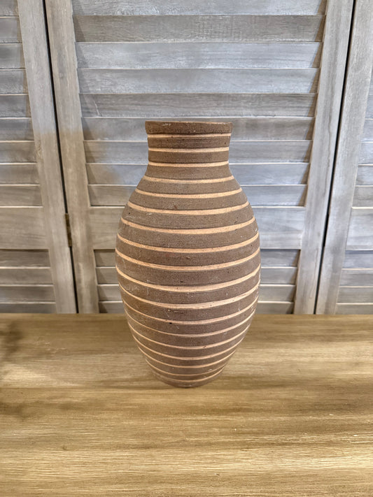Tall Brown Striped Textured Vase – Rustic Boho Earthenware Home Decor