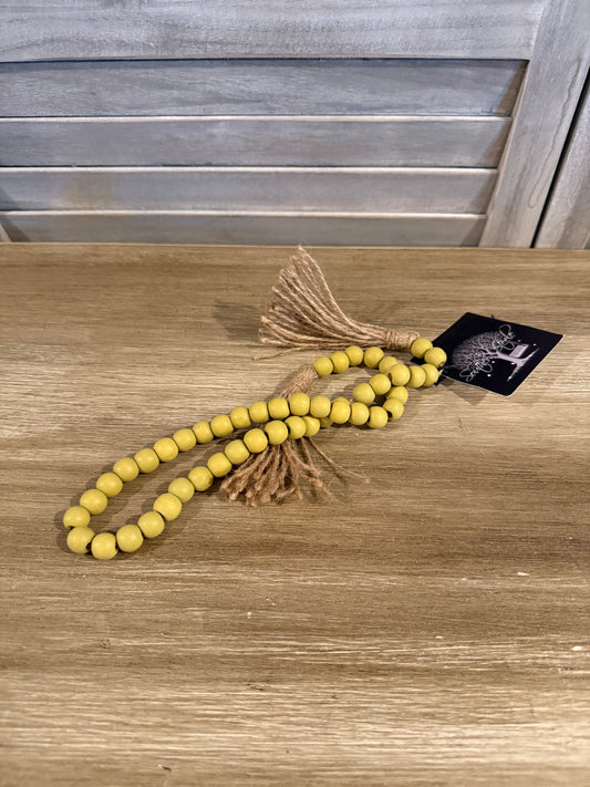 Mustard Yellow Wooden Bead Garland with Jute Tassels – Rustic Farmhouse Decor