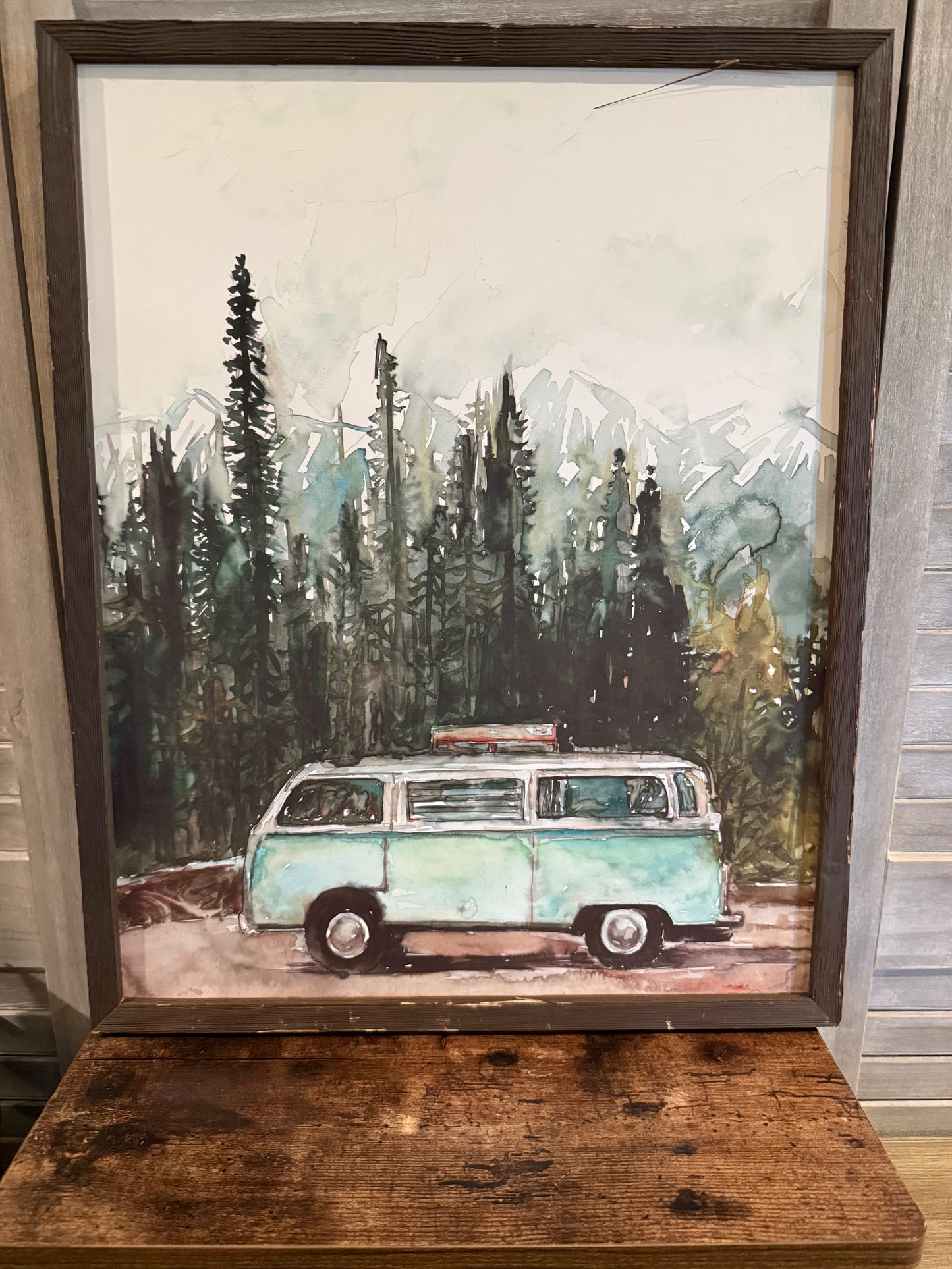 Watercolor Forest Adventure Art Print – Framed Vintage Van Wall Décor
