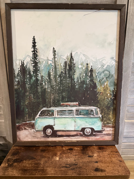 Watercolor Forest Adventure Art Print – Framed Vintage Van Wall Décor