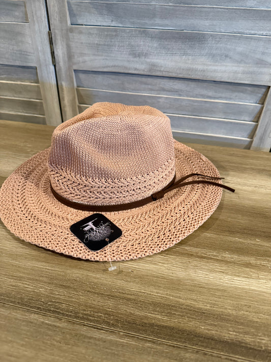 Blush Pink Woven Sun Hat with Brown Suede Band – Lightweight Wide Brim Summer Hat