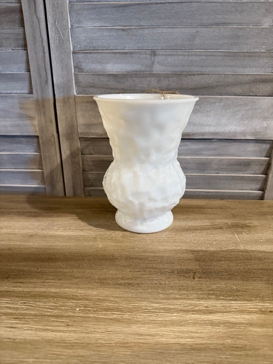 Textured White Milk Glass Candle – Elegant Pedestal Jar with Vintage Style