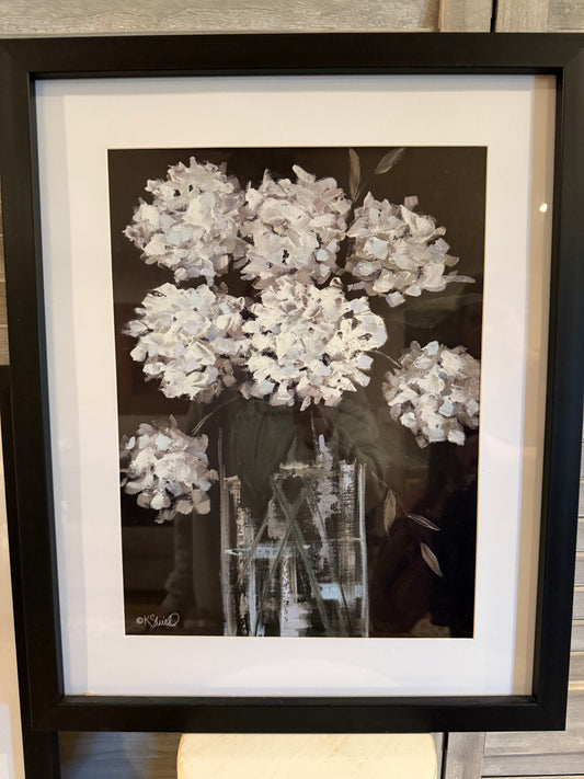 Framed White Floral Wall Art – Hydrangea Bouquet in Glass Vase Print