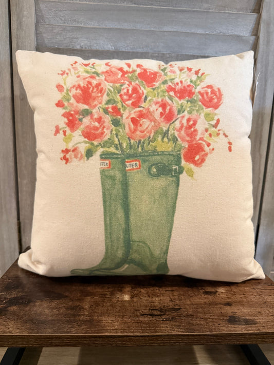 Hunter Boots Floral Pillow – Spring Farmhouse Throw Pillow Cover