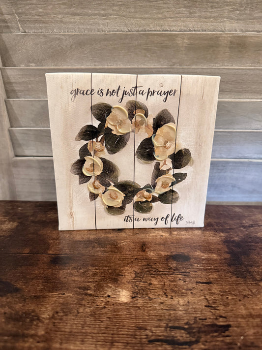 Rustic Floral Wall Art – “Grace is Not Just a Prayer” Inspirational Canvas Sign