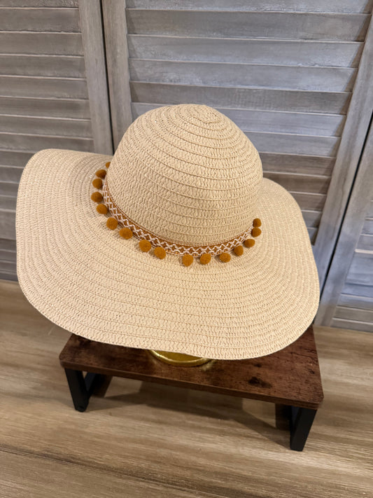 Wide Brim Straw Sun Hat with Pom Pom Trim – Boho Summer Beach Hat