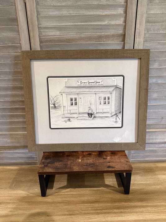Framed Sketch Art – Vintage General Store Pencil Drawing in Rustic Frame