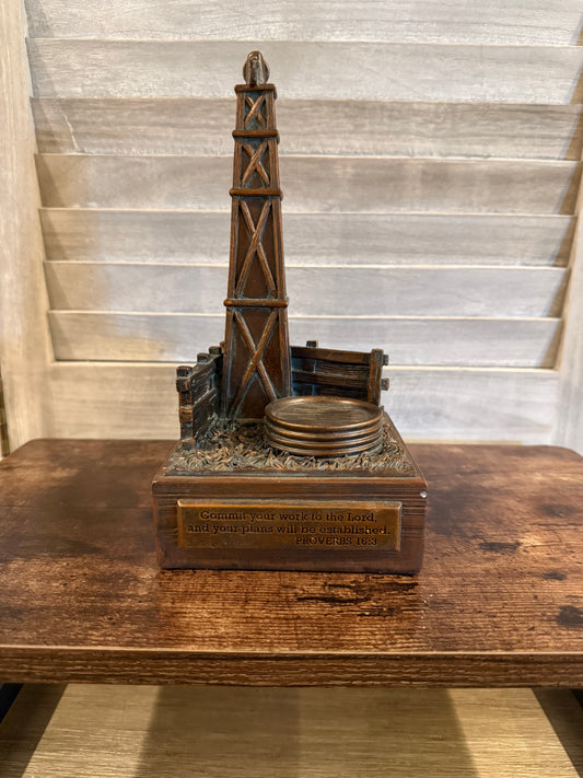 Bronze Oil Rig Figurine with Scripture – Desk Decor with Proverbs 16:3