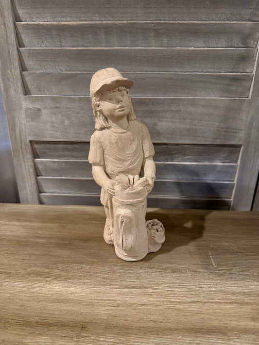 Vintage-Style Golf Girl Statue – Rustic Clay Figurine with Golf Bag Detail