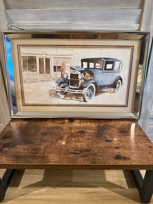 Framed Vintage Car Art Print – Antique Blue Coupe Illustration in Rustic Mirror Frame