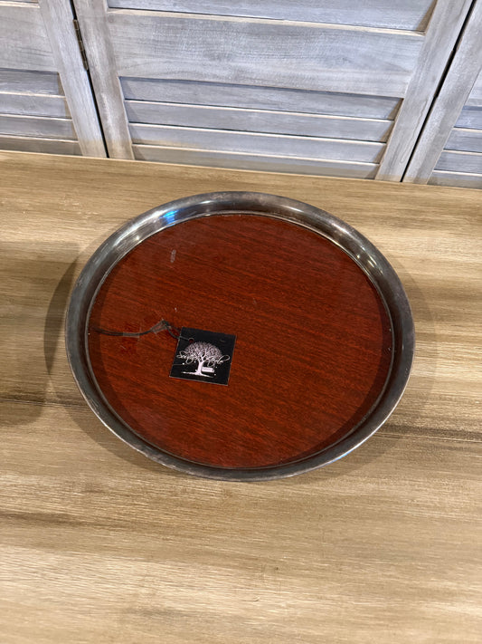 Vintage Round Wood and Metal Tray – Rustic Serving or Display Tray with Silver Rim