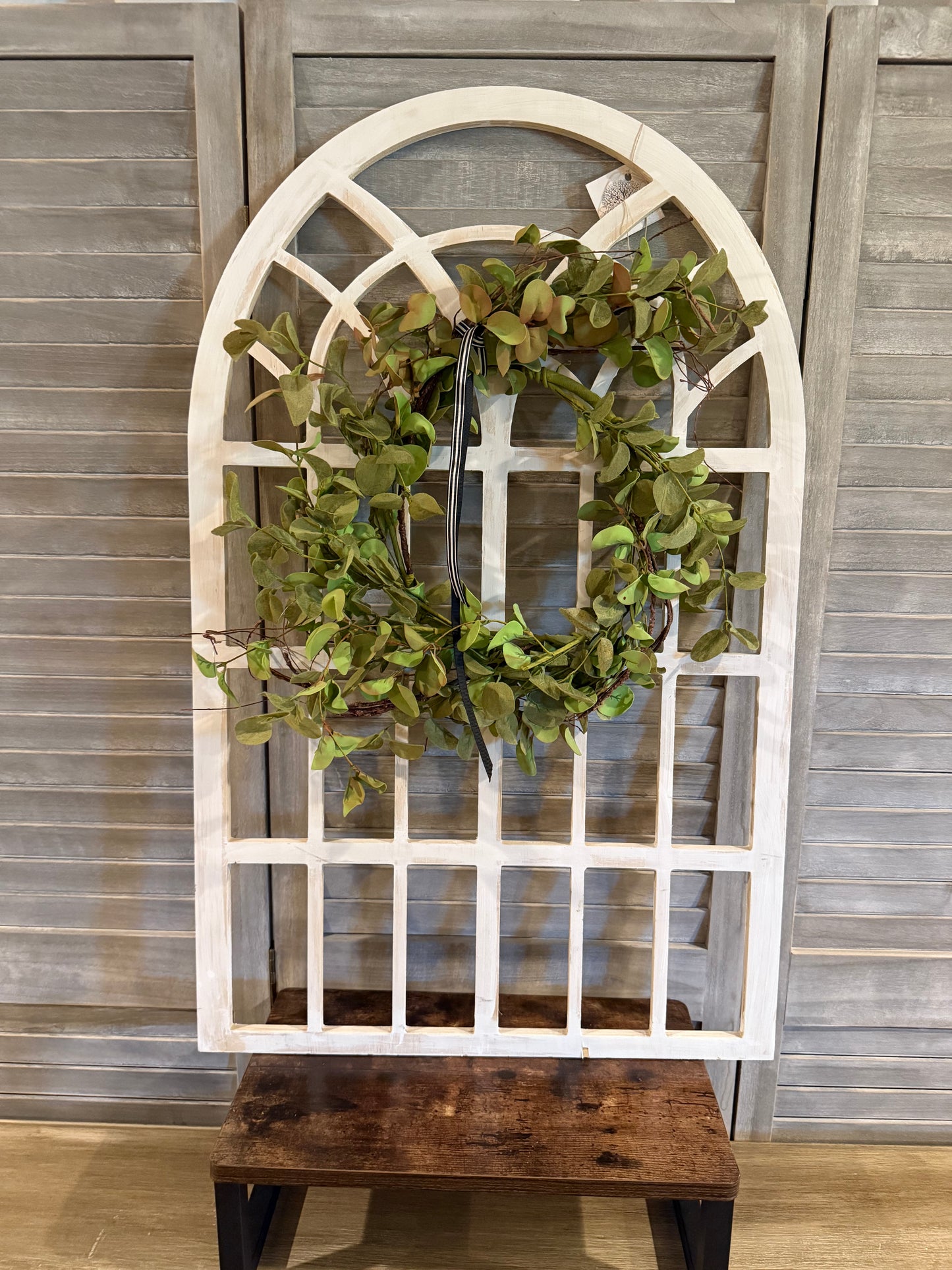 Farmhouse Window Pane Wall Decor with Faux Eucalyptus Wreath – Shabby Chic Arch Frame