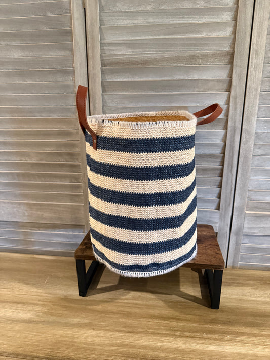 Navy and White Striped Woven Basket with Leather Handles – Coastal Farmhouse Storage Bin