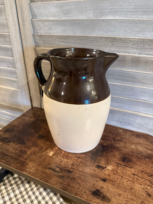 Vintage Stoneware Pitcher – Two-Tone Brown and Cream Farmhouse Jug