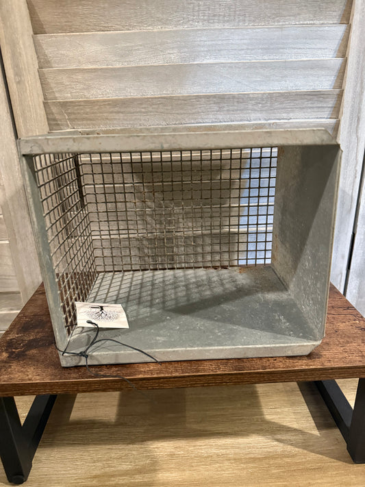 Industrial Metal Storage Bin with Wire Mesh Side – Rustic Wall Shelf or Organizer